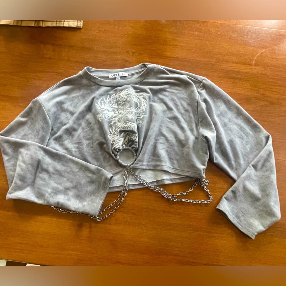 Love J Marble Dye Long Sleeve Dragon Chain Crop Top Sz small